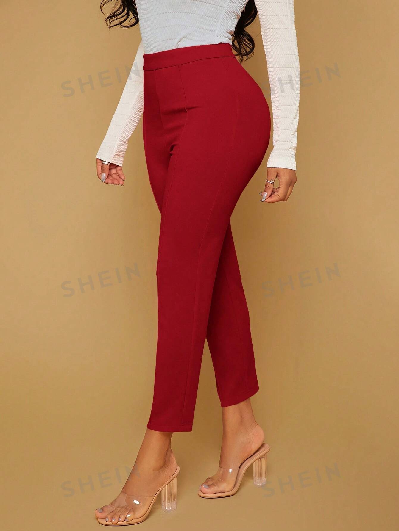 SHEIN SXY Женские однотонные брюки узкого кроя полной длины, красный цена и фото