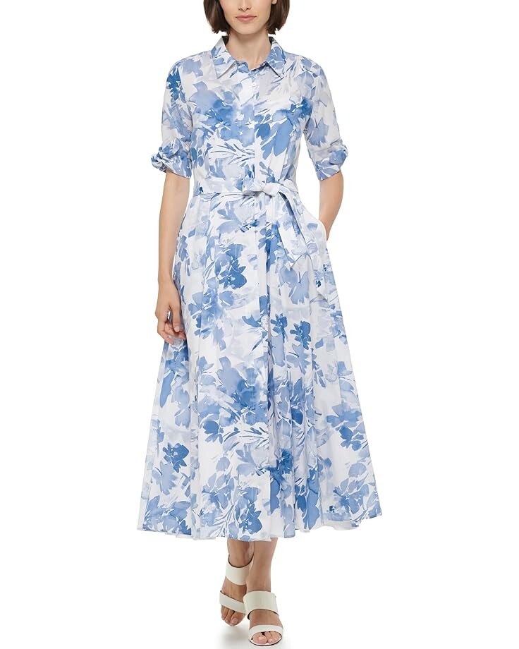 

Платье Calvin Klein Cotton Shirt with Short Sleeve Tie Detail, цвет Chmbray Multi