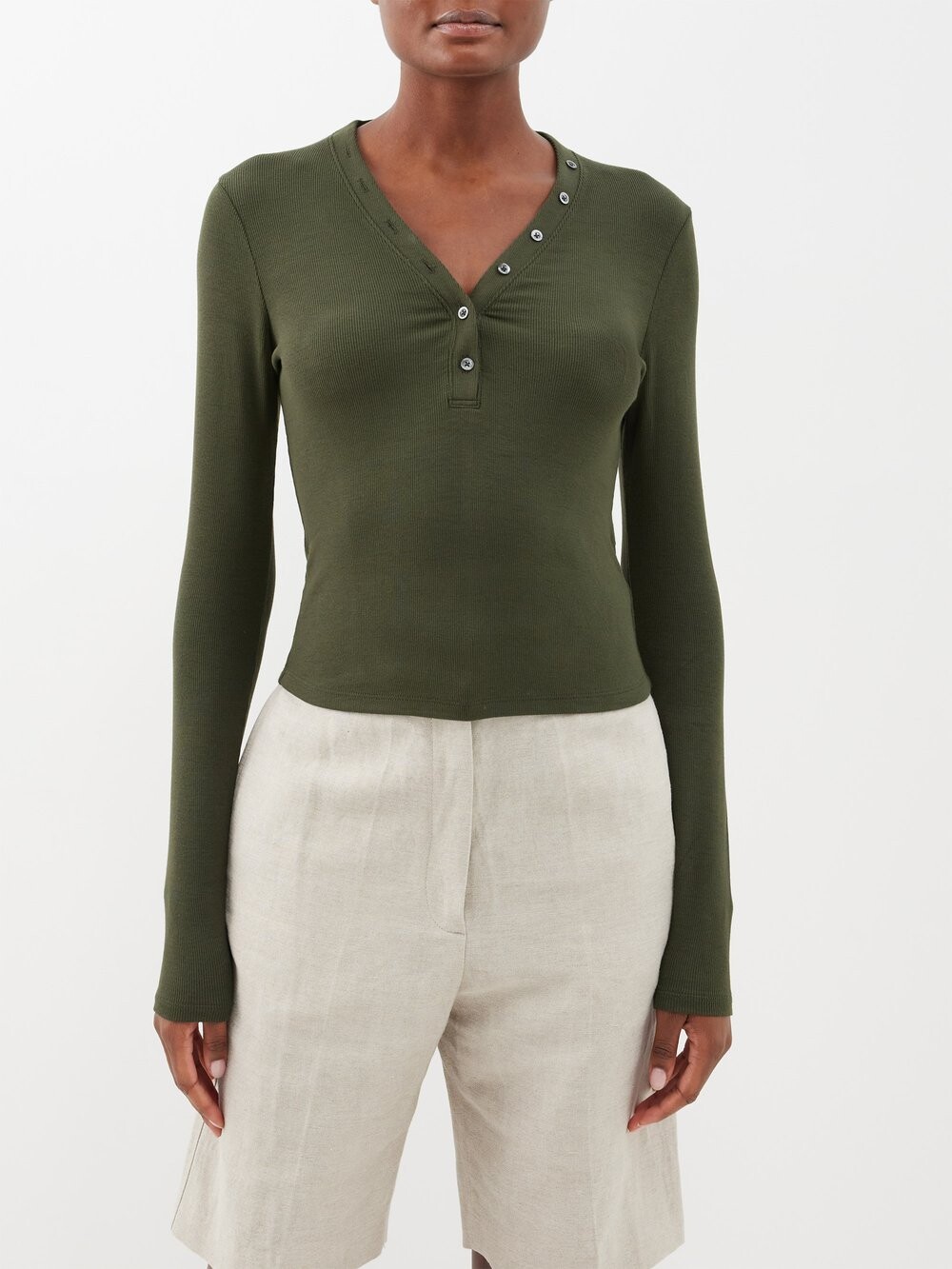 

Топ henley из ребристого джерси с длинными рукавами FRAME, хаки