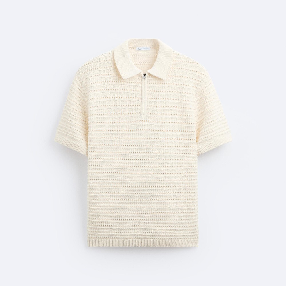 

Футболка поло Zara Open-knit Quarter-zip, кремовый