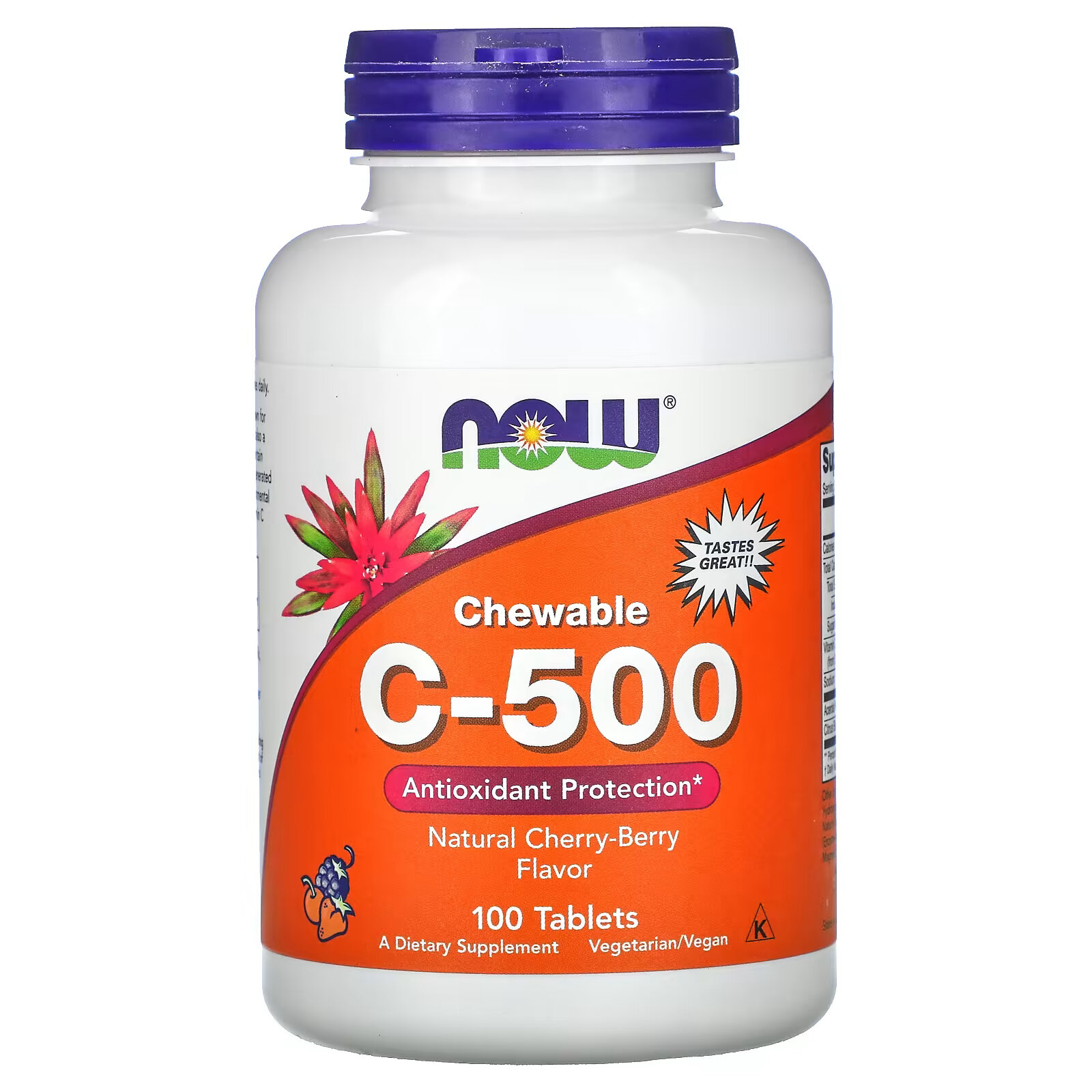 NOW Foods, Chewable C-500, жевательный витамин C со вкусом натуральной вишни, 100 таблеток now foods жевательный витамин c 500 со вкусом апельсинового сока 100 таблеток