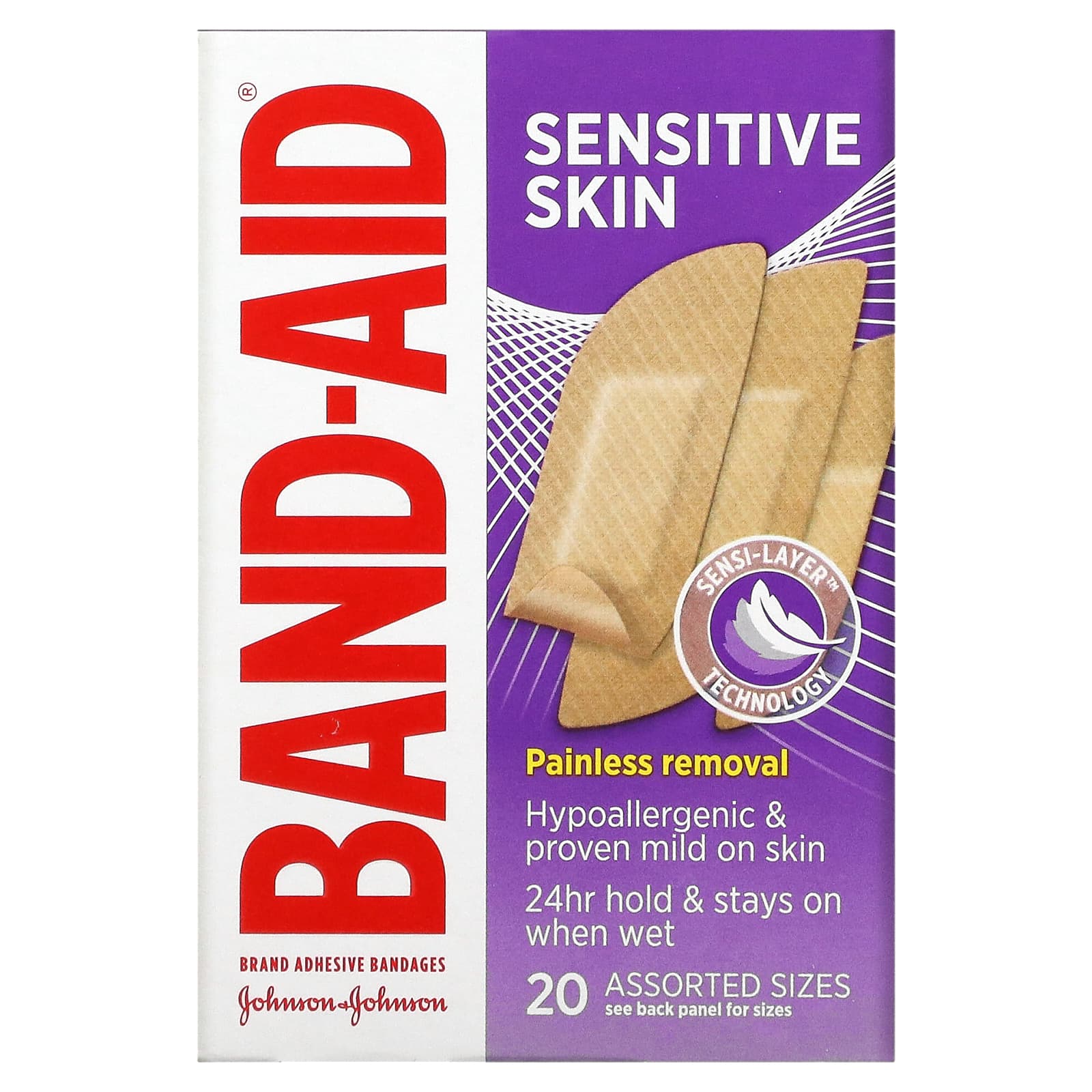 Самоклеющиеся Бинты Band Aid для чувствительной кожи, 20 разных размеров
