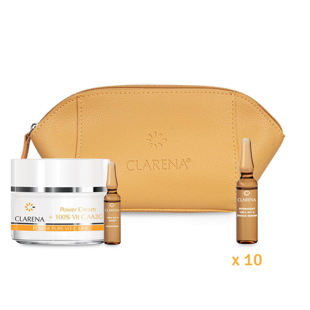 

Clarena Power Pure VIT C набор: крем для лица, 50 мл + 100% Vit C AA2G, 1,5 мл + ночная сыворотка для лица 100% Vit C, 10x3 мл/1 упаковка + желтая косметичка, 1 шт.