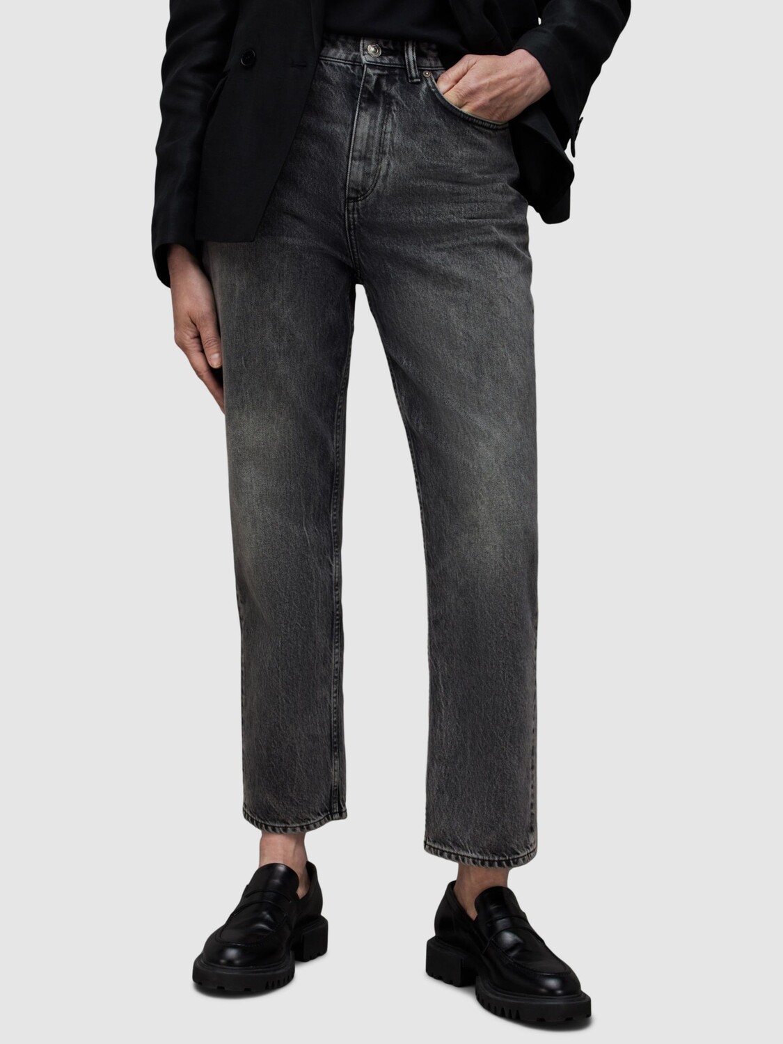 

Прямые джинсы AllSaints Zoey со средней посадкой, потертый черный