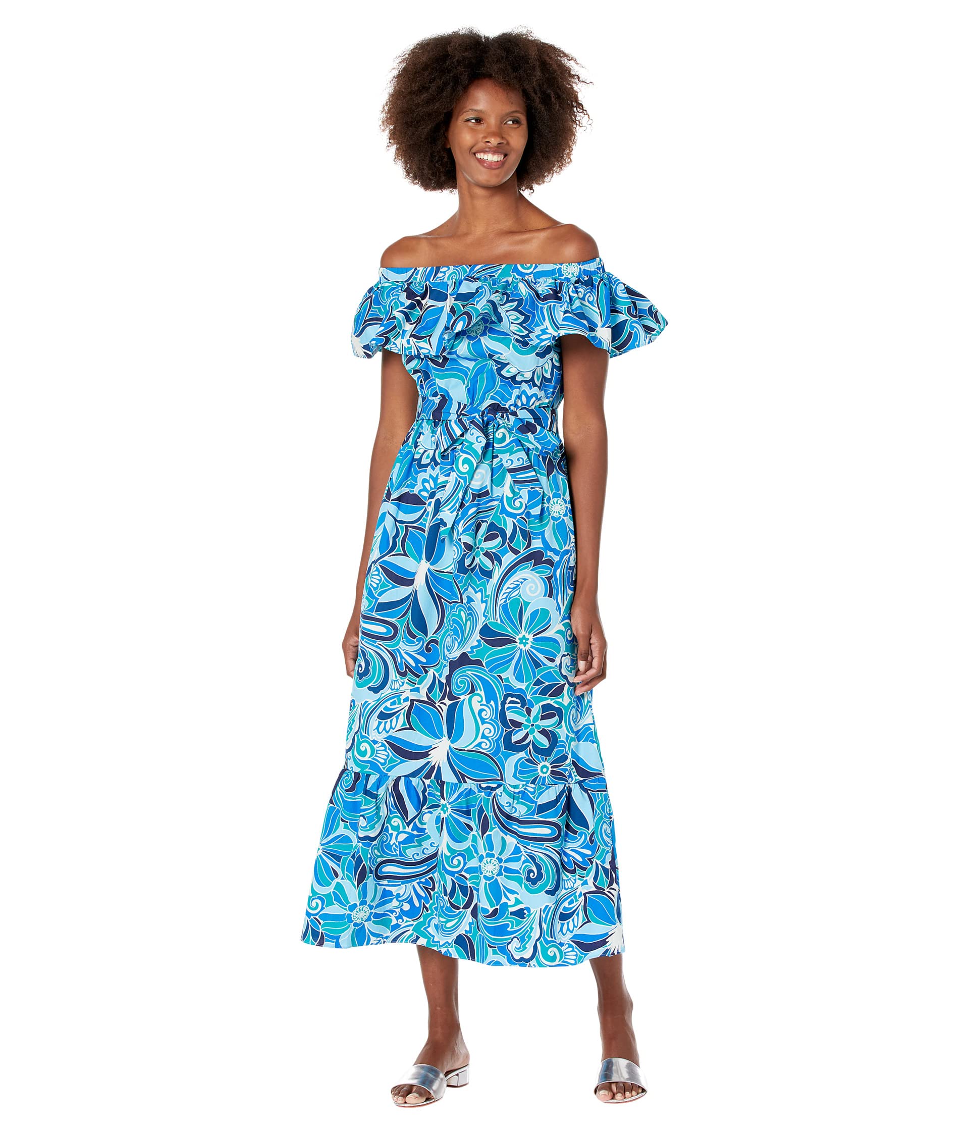Платье Donna Morgan, Cotton Ruffle Detail Off-the-Shoulder Maxi цена и фото