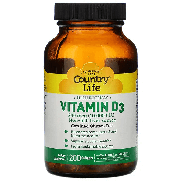 Высокоэффективный витамин D3, Country Life, 250 мкг (10 000 МЕ), 200 мягких таблеток naturesplus витамин d3 10 000 ме 250 мкг 60 мягких таблеток