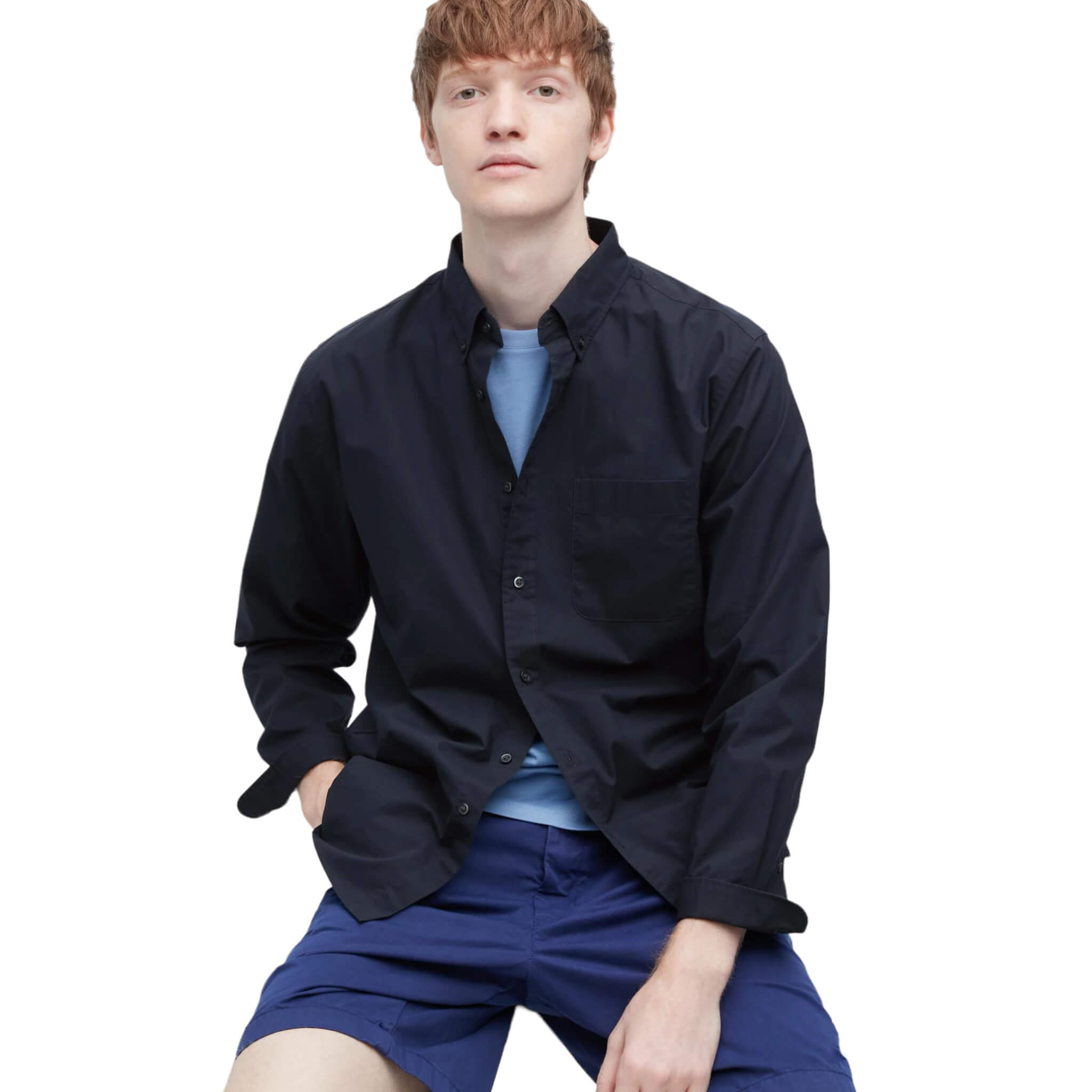 Рубашка Uniqlo Extra Fine Cotton Broadcloth Long Sleeve, синий цена и фото