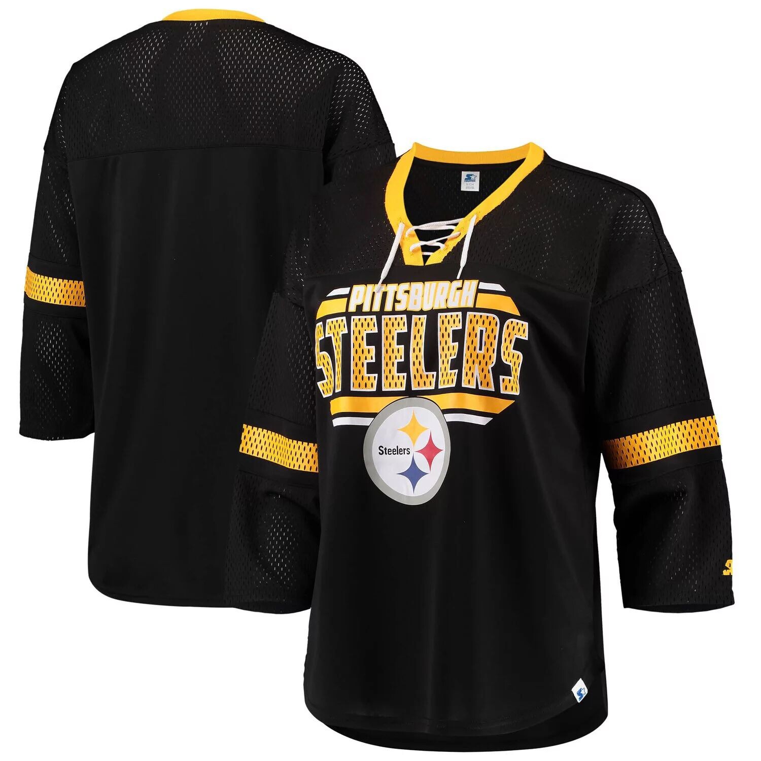 

Женская черная футболка с v-образным вырезом и рукавами 3/4 на шнуровке Pittsburgh Steelers Lead Game для начинающих Starter, Черный