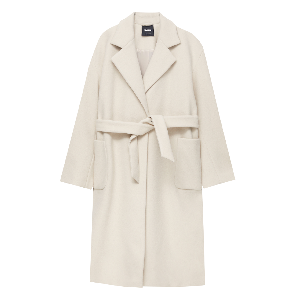 пальто женское длинное с объемными карманами и поясом цвет – молочный Пальто Pull&Bear Long Felt Texture With Belt, кремовый