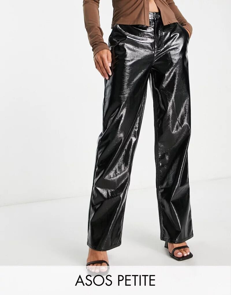 

Черные брюки прямого кроя из глянцевого винила ASOS Petite