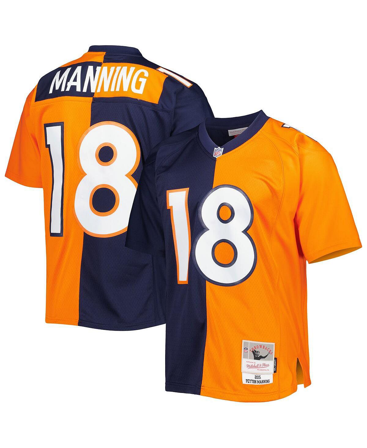 Мужская футболка peyton manning navy, orange denver broncos 2015 split legacy, копия джерси Mitchell & Ness, мульти manning m и др artists