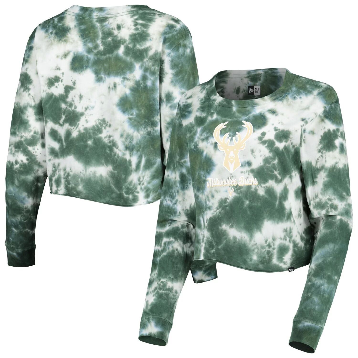 

Женская укороченная футболка с длинными рукавами New Era Hunter Milwaukee Bucks Tie Dye Green New Era