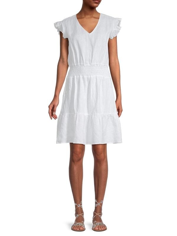 

Присборенное льняное мини-платье с цветочным принтом Saks Fifth Avenue White