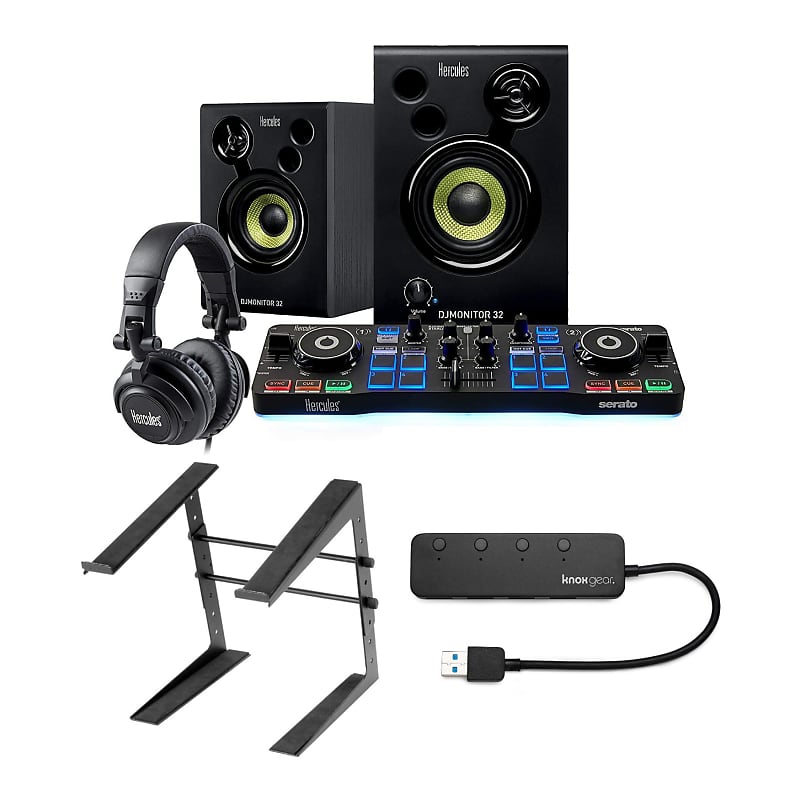 Стартовый комплект Hercules DJ с контроллером Serato DJ Lite и DJMonitor 32 активных динамика с наушниками, подставкой для ноутбука и концентратором Knox Gear с 4 портами USB 3.0 knox joseph sirens м knox