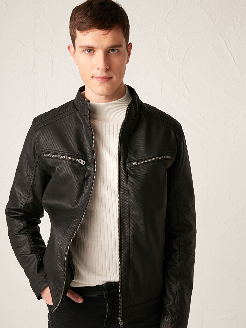 

Мужское кожаное пальто Slim Fit с воротником-стойкой LCW Casual