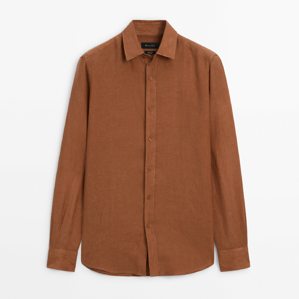 Рубашка Massimo Dutti Dyed Thread Regular Fit Linen, красновато-коричневый