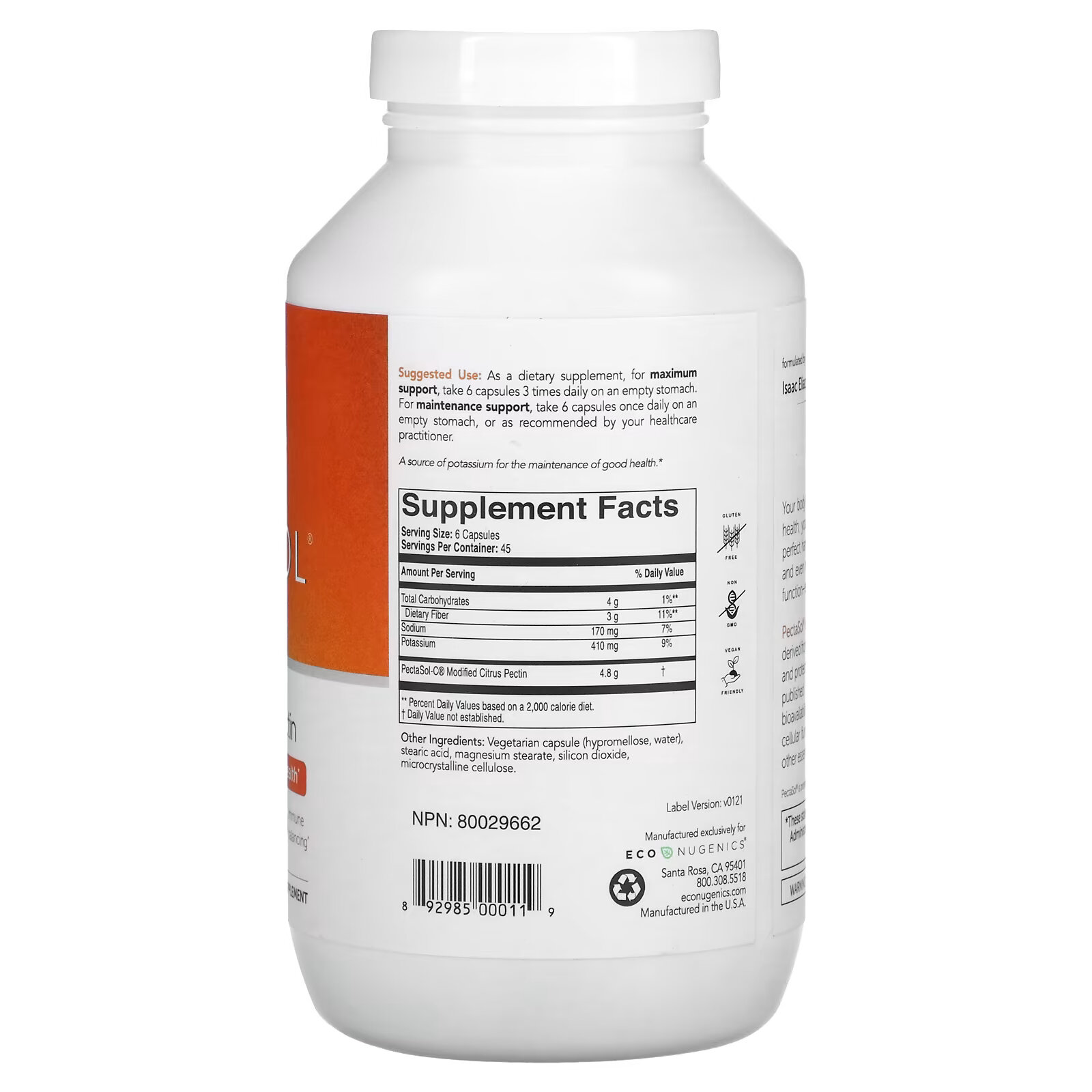 Econugenics, PectaSol-C, модифицированный цитрусовый пектин, 270вегетарианских капсул