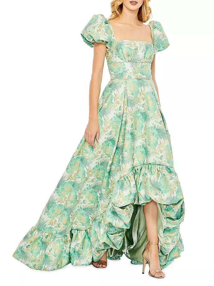 Парчовое платье с пышными рукавами и высоким вырезом Mac Duggal, цвет spring green