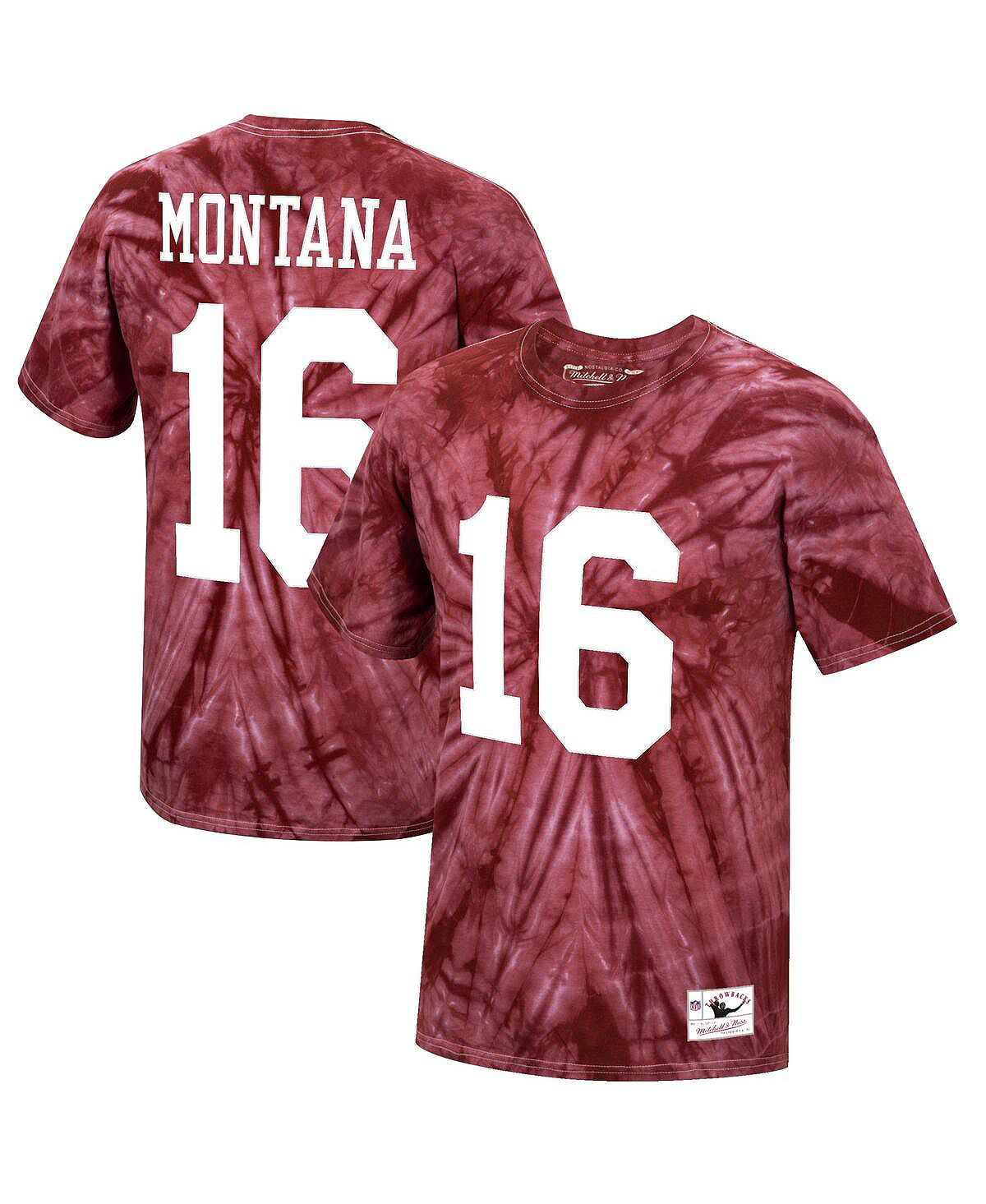 Мужская футболка joe montana scarlet san francisco 49ers tie-dye с именем и номером игрока на пенсии Mitchell & Ness