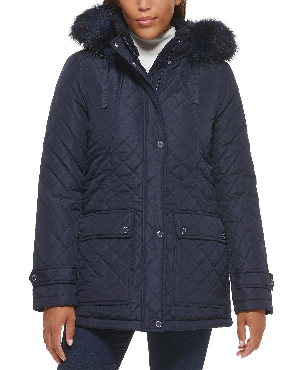 

Женское стеганое пальто с капюшоном и отделкой из искусственного меха Tommy Hilfiger, синий