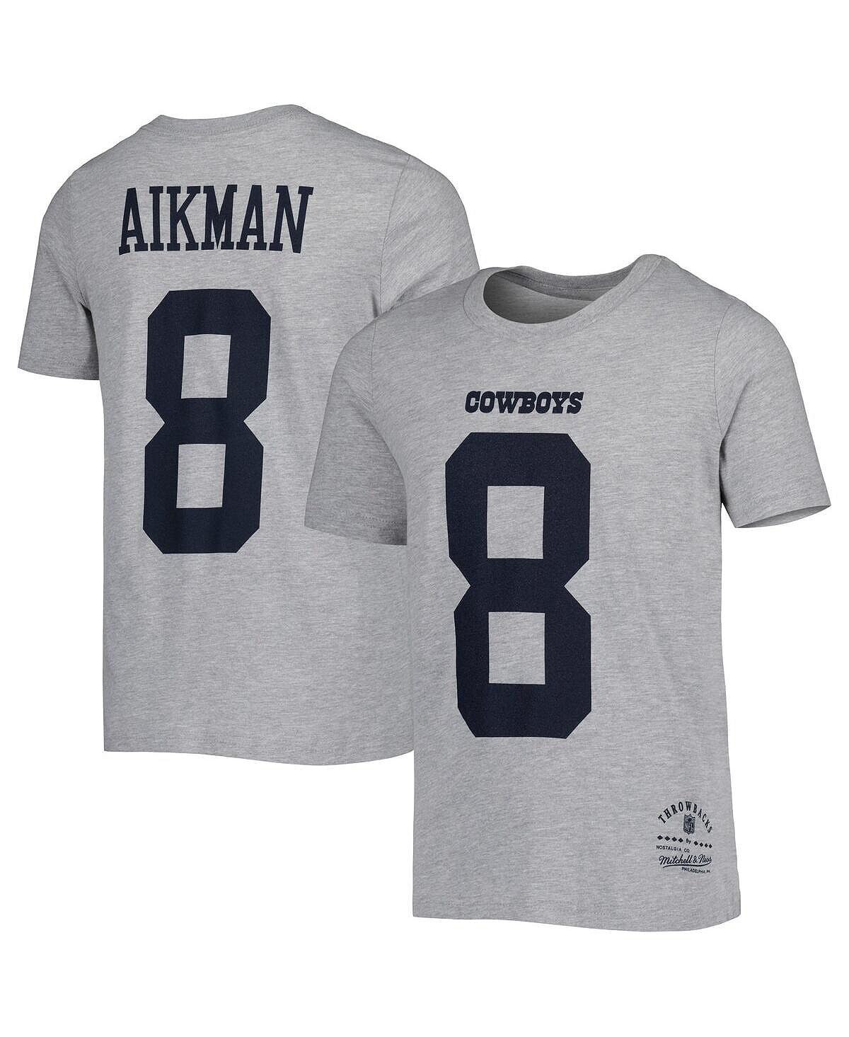 

Футболка Big Boys Troy Aikman Heathered Grey Dallas Cowboys в стиле ретро с именем и номером игрока Mitchell & Ness