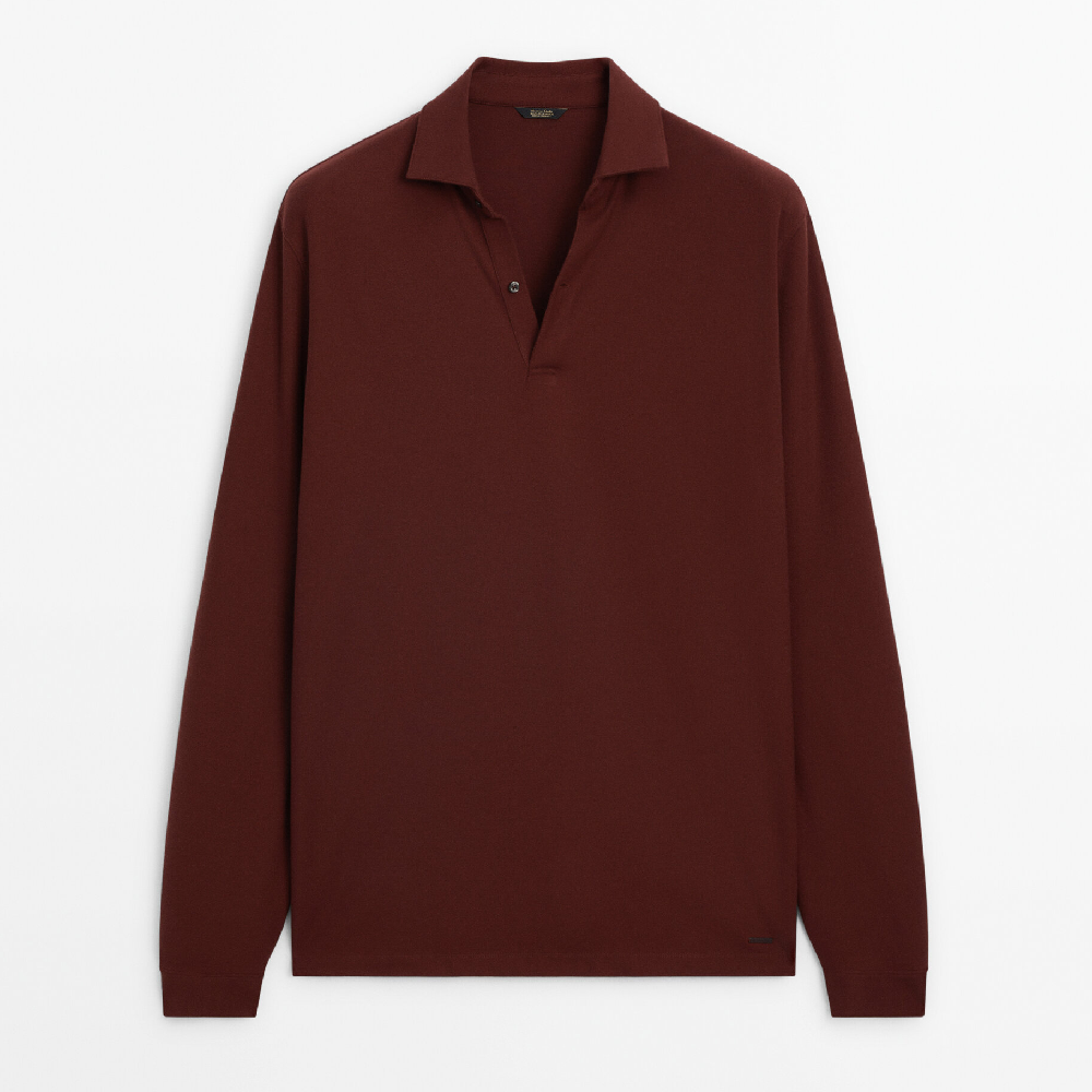 Лонгслив Massimo Dutti Polo Shirt In A Cotton And Wool Blend, красно-коричневый