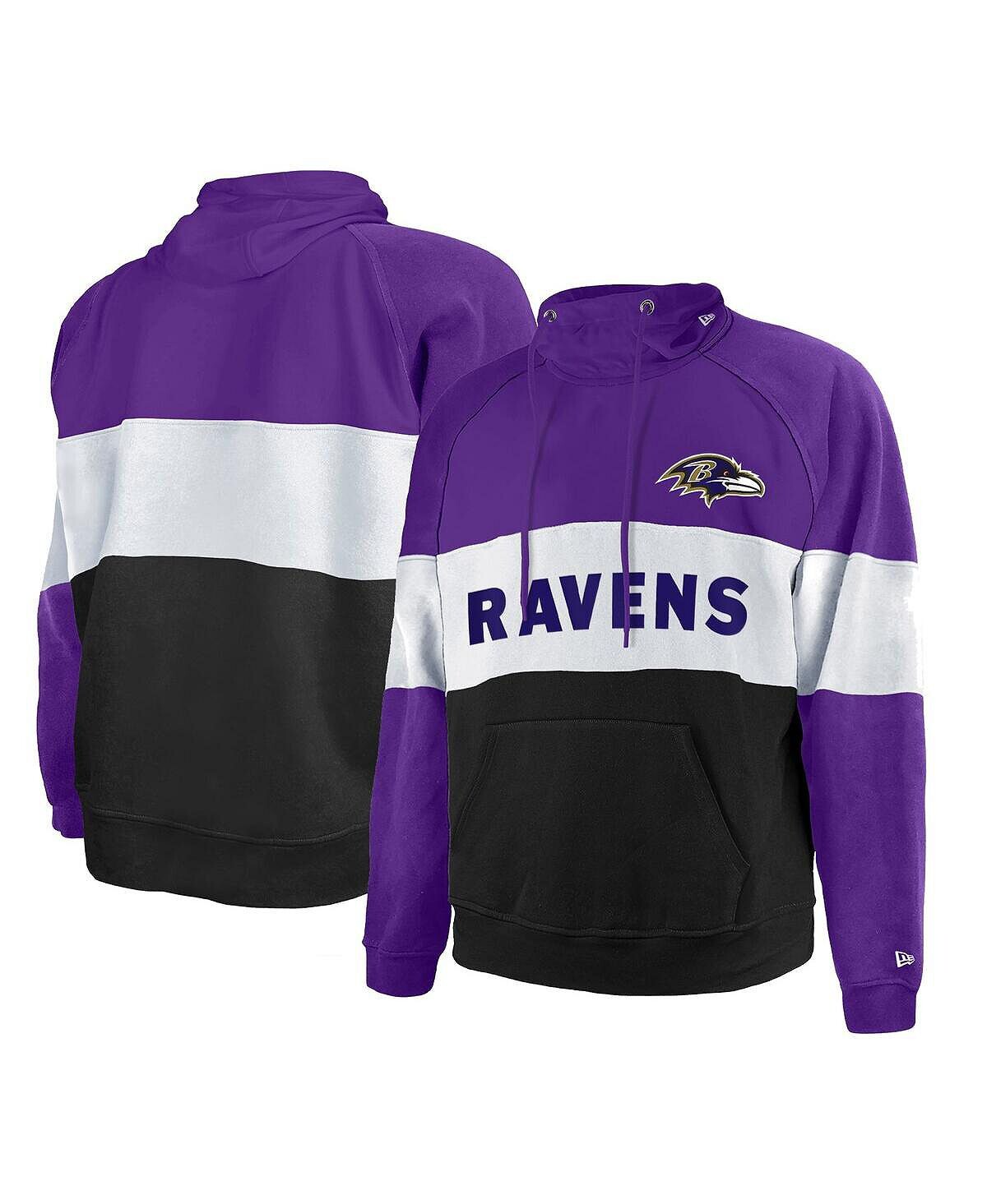 

Мужской черный, фиолетовый флисовый пуловер с капюшоном Baltimore Ravens Big and Tall Current с цветными блоками реглан New Era