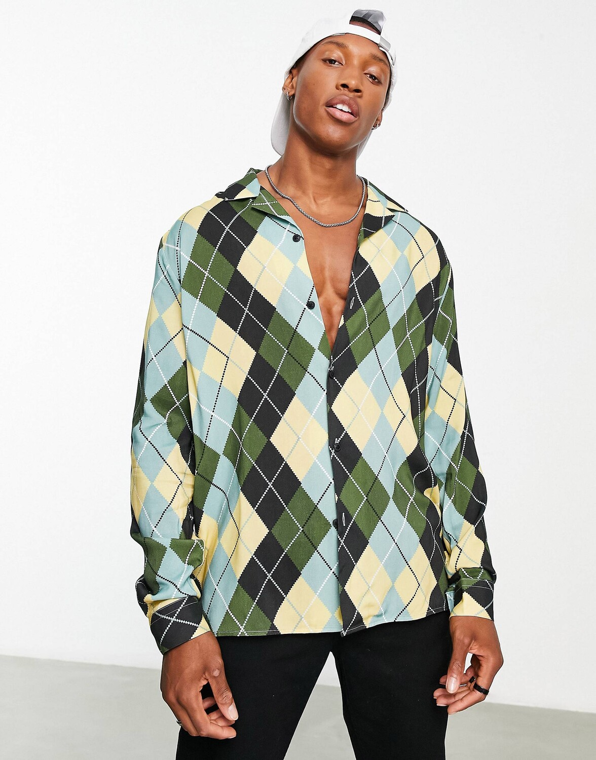 

Свободная рубашка в синюю клетку с ромбами ASOS DESIGN