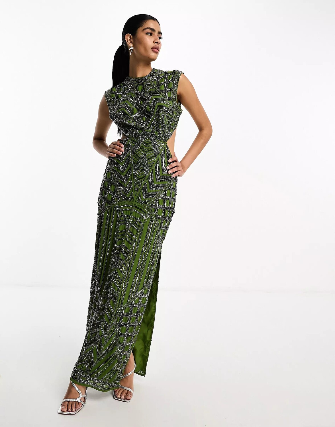 

Платье макси Asos Design Embellished High Neck Cut Out Waist, зеленый