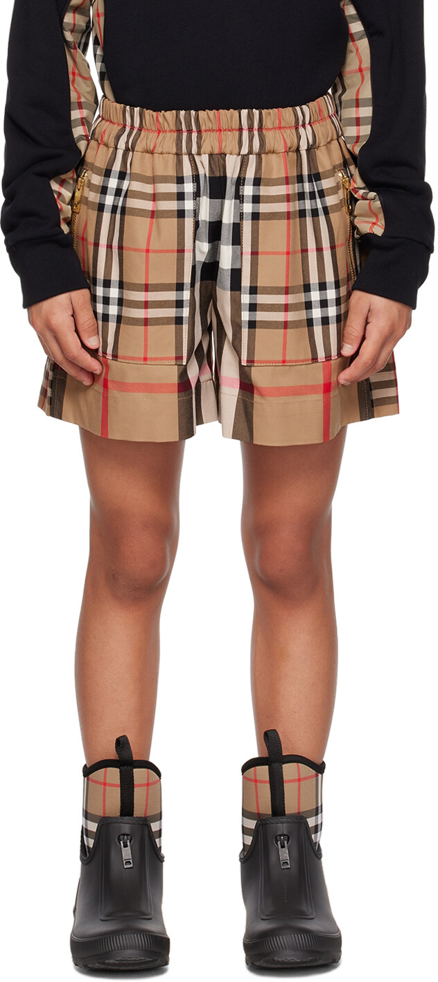 

Детские бежевые шорты в клетку в технике пэчворк Burberry