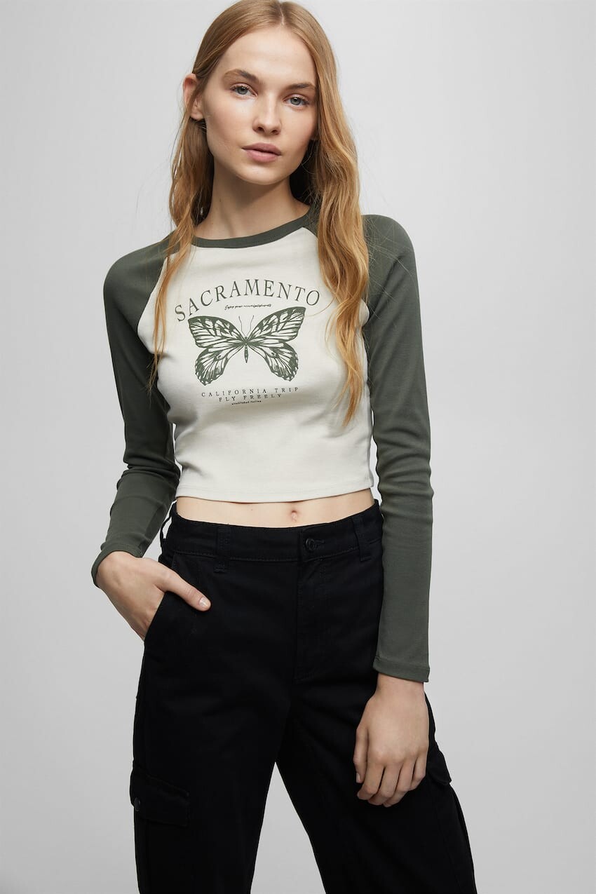 

Футболка с рукавами реглан Pull&Bear, зеленый