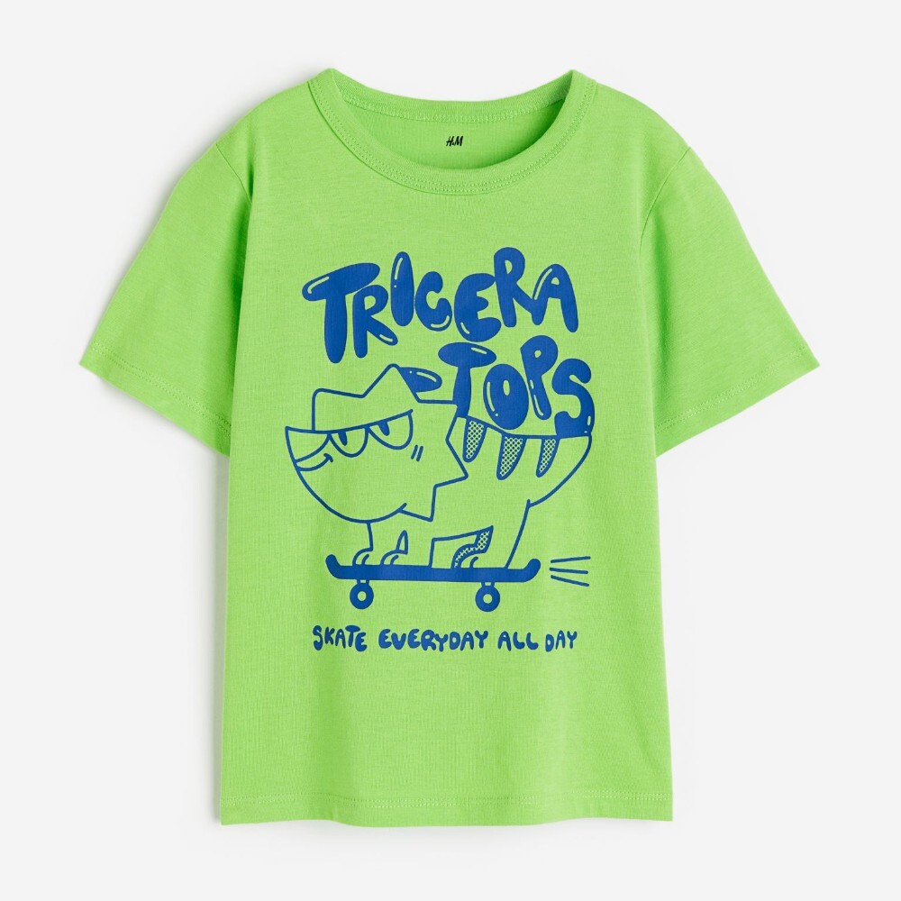 

Футболка H&M Kids Printed Cotton Dinosaur On A Skateboard, зеленый