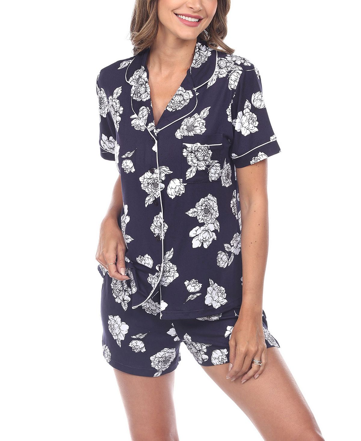 Женский пижамный комплект с короткими рукавами и цветочным принтом, 2 предмета White Mark, синий плюс размер брюки с короткими рукавами тропический пижамный комплект 2 предмета white mark