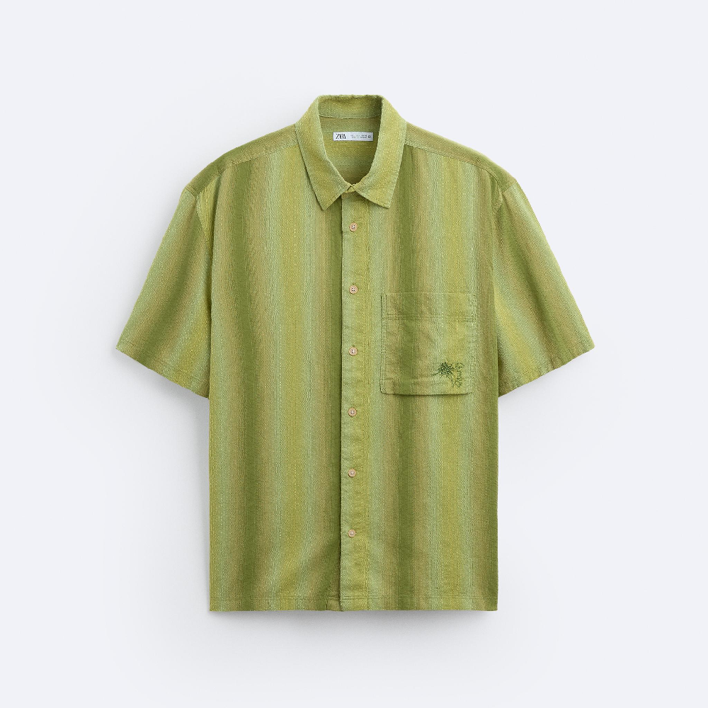рубашка zara contrast jacquard зеленый кремовый Рубашка Zara Striped Jacquard, зеленый