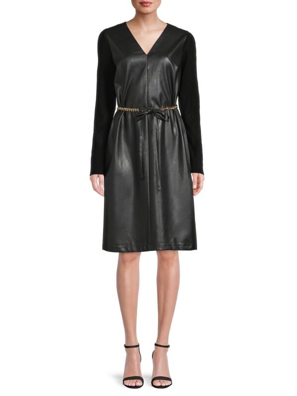 

Платье из искусственной кожи с поясом H Halston Black