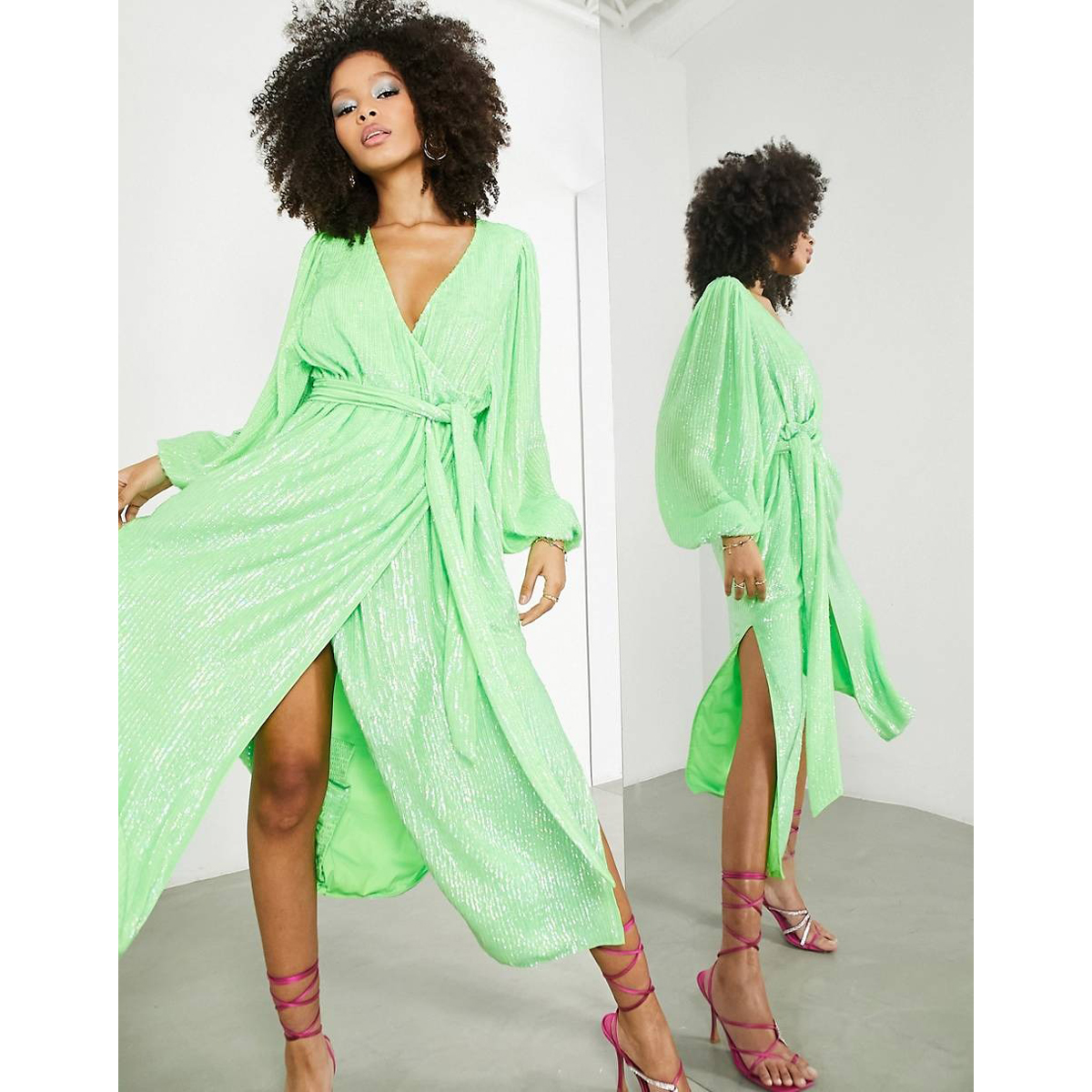Платье Asos Edition Envelope With Crystal Sequins And Voluminous Sleeves With Tight Cuffs, зеленый платье миди с объемными воланами i am studio m