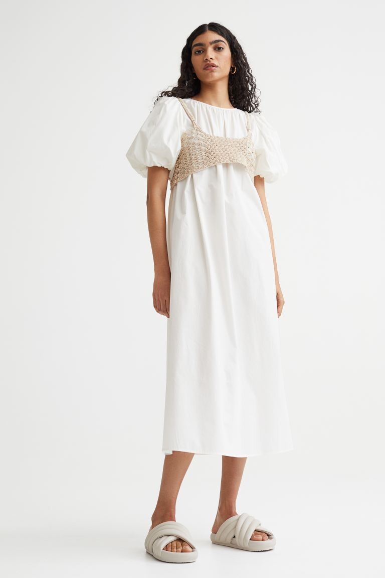 

Платье из поплина с лифом из макраме H&M, белый/бежевый
