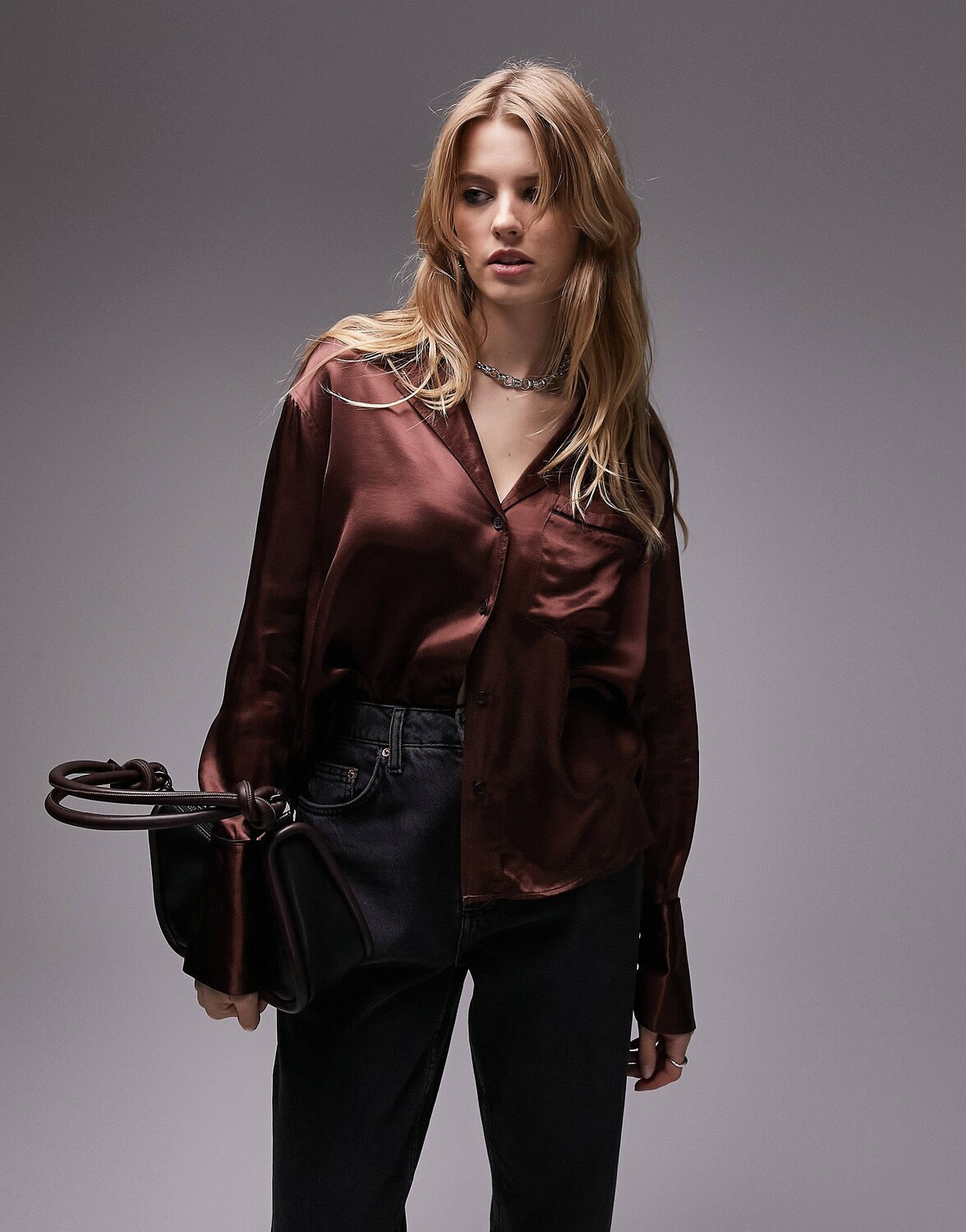 

Свободная рубашка Topshop шоколадного цвета с черной окантовкой