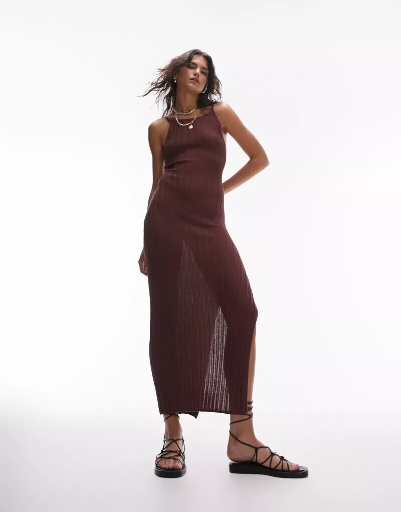 

Шоколадное трикотажное платье миди с открытой спиной и бретелями Topshop