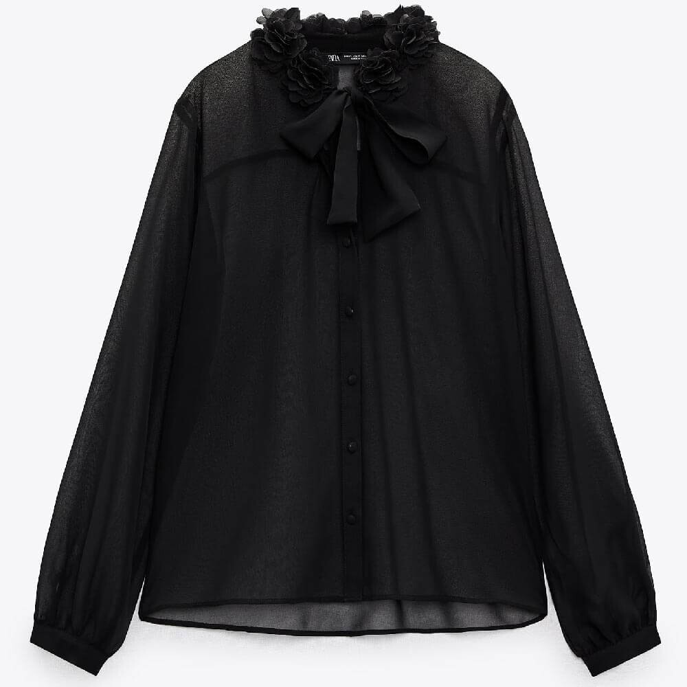 

Блуза Zara Semi-sheer Floral, черный