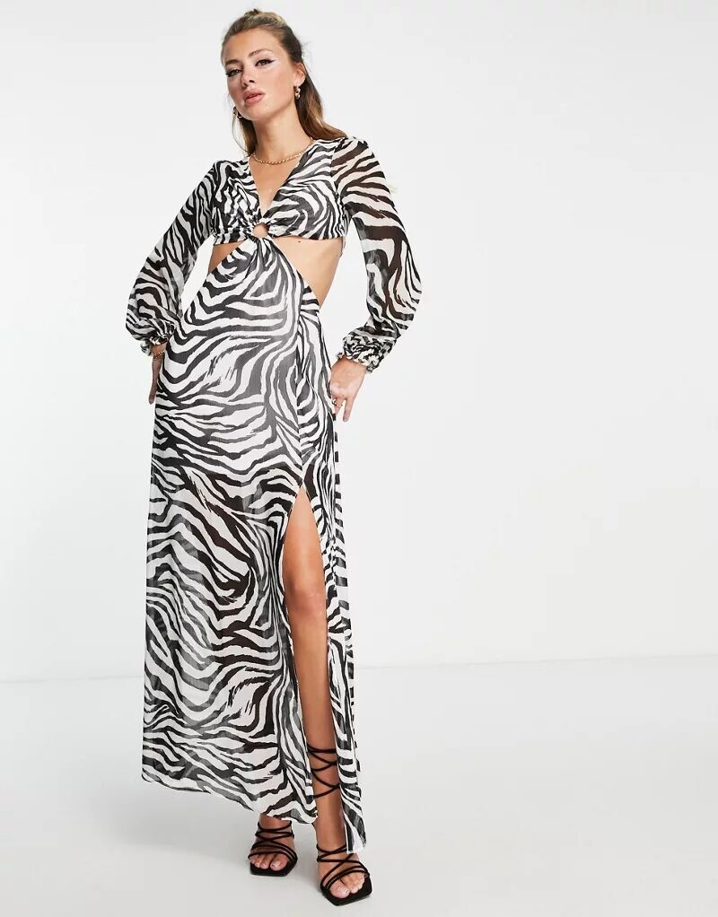 

Шифоновое платье макси с черно-белым зебровым принтом Miss Selfridge