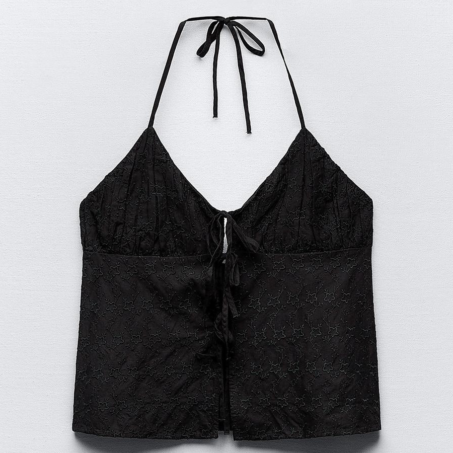 Топ Zara Embroidered Halterneck, черный блуза zara embroidered plumetis черный