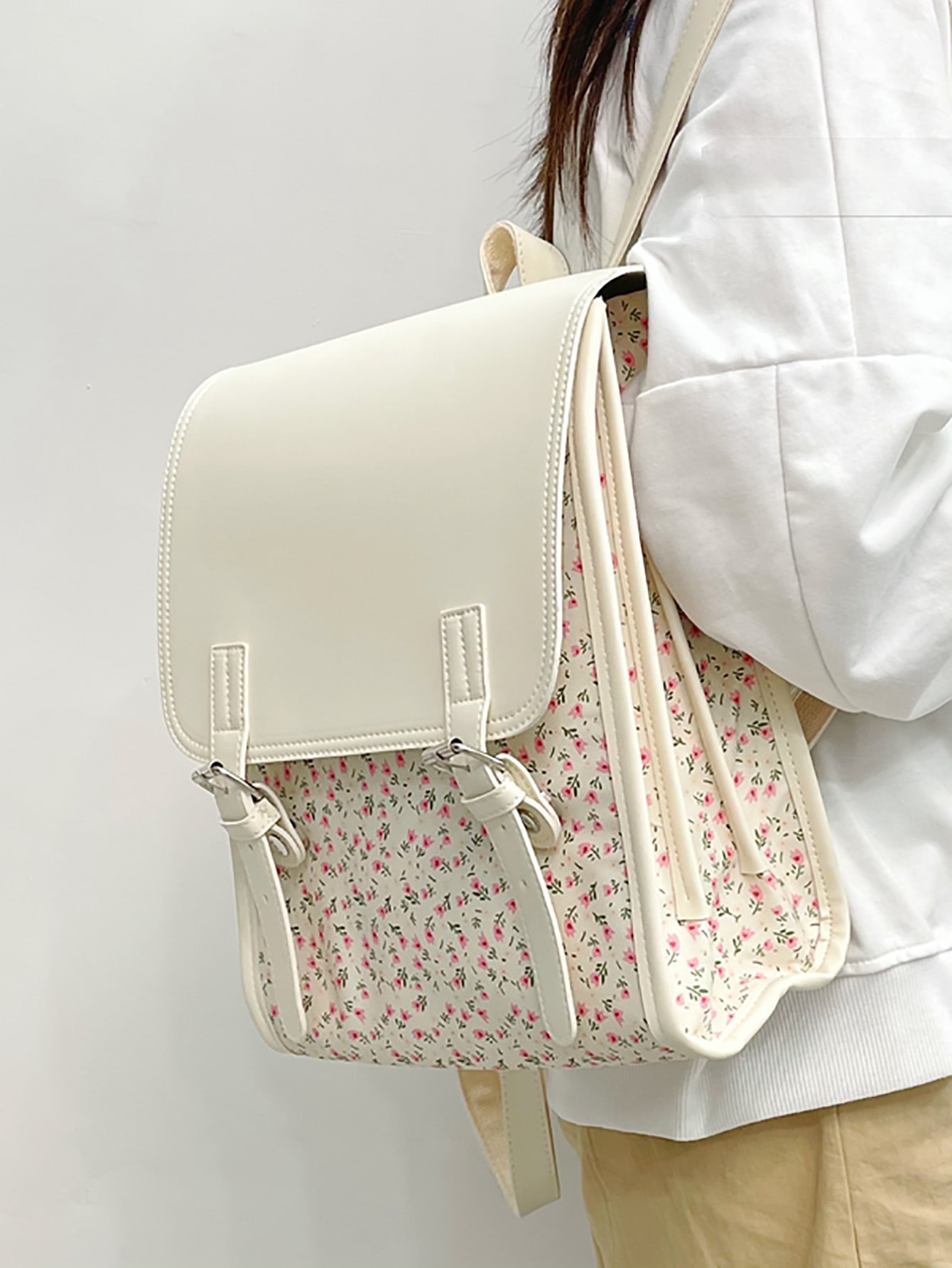 Легкий деловой повседневный Легкий портативный рюкзак с клапаном и цветочной пряжкой в ​​стиле Ditsy для девочек-подростков, многоцветный легкий портативный однотонный вельветовый модный повседневный рюкзак бежевый
