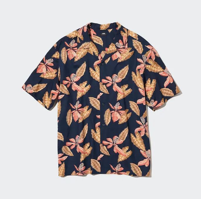 

Рубашка повседневная с короткими рукавами и принтом Uniqlo Cotton Blend Casual Printed Short Sleeved, темно-синий