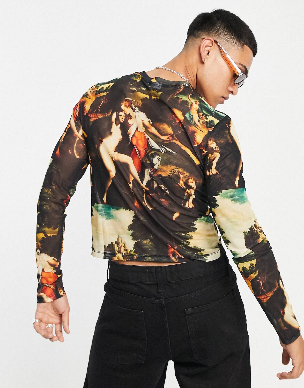 

Сетчатая футболка с длинными рукавами и принтом ASOS DESIGN- BLACK, Серый