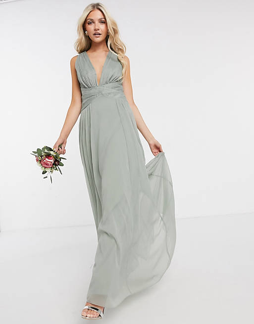 Оливковое платье макси с драпировкой и лифом со сборками и запахом на талии ASOS DESIGN Bridesmaid