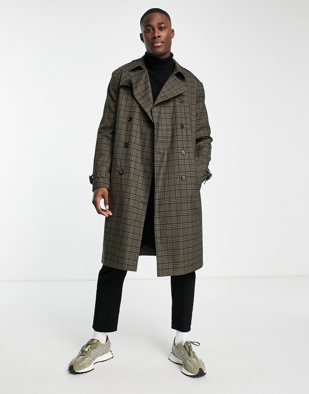 

Зеленый двубортный тренч в клетку ASOS DESIGN