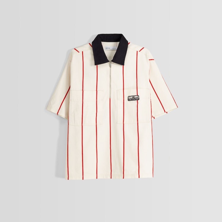 

Рубашка Bershka Short Sleeve Cotton With Zip, бежевый/красный/черный