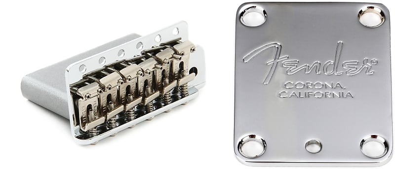 

Мост Fender American Vintage Strat Tremolo в сборе — хромированный комплект с пластиной для грифа гитары Fender American Series с 4 болтами — штамп «Fender Corona» 0992049000=1 0991445100=1