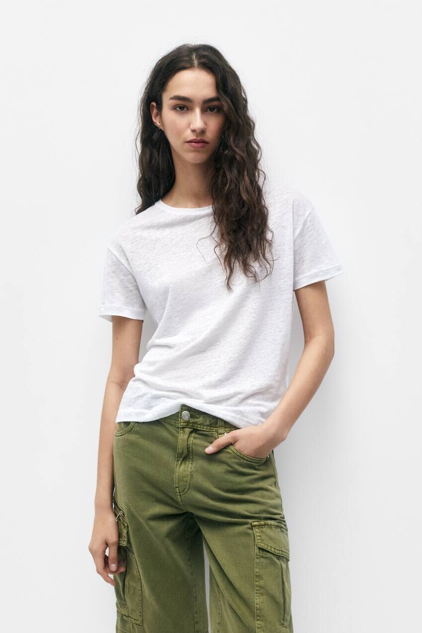 

Льняная футболка с короткими рукавами Pull&Bear, белый